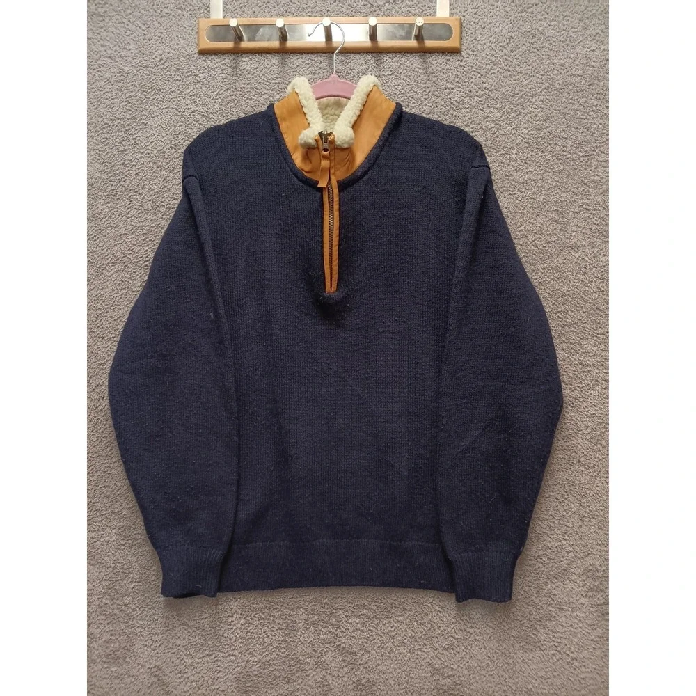 Orvis‎ Men's XL Navy Blue Lambswool Quarter Zip Sweater Leather Shearling Collar